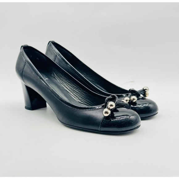 Stuart Weitzman Women's Black Leather Bow Kitten Chunky Heels - Picture 1 of 8